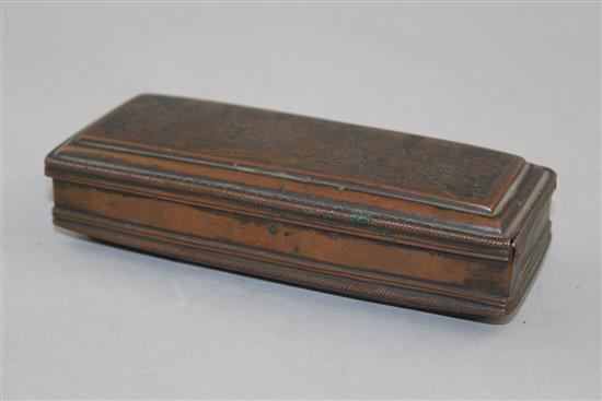 An 18th century Dutch rectangular copper tobacco box, 5in.